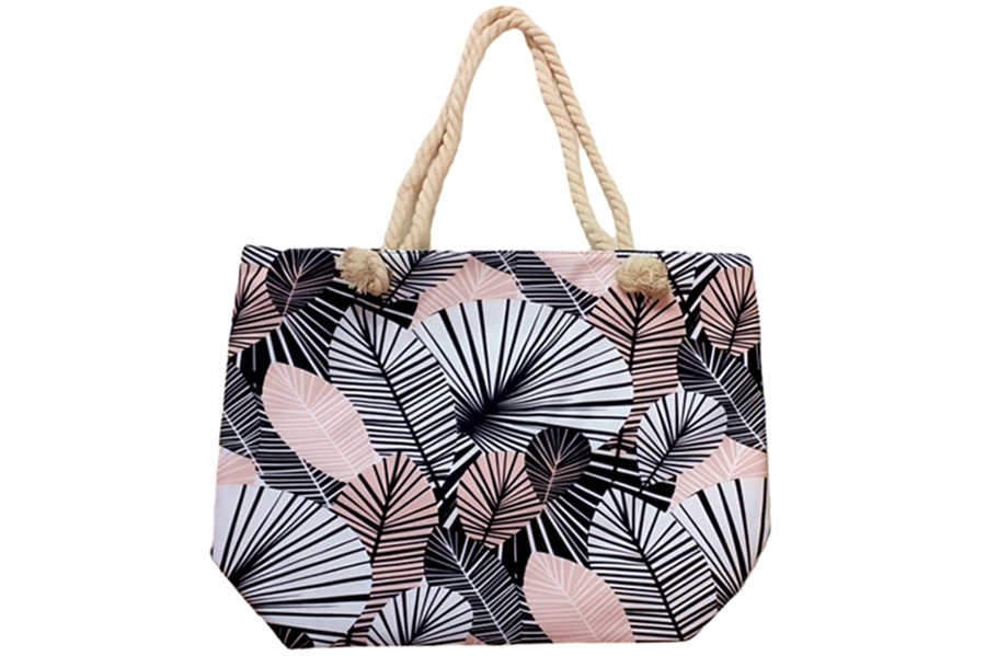 Strandtáska - fehér/rózsaszín/fekete, levél mintás