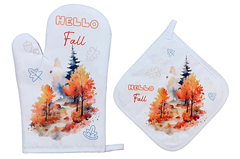 Hőszigetelő edényfogó kesztyű, alátét szett (2 db), őszi mintával