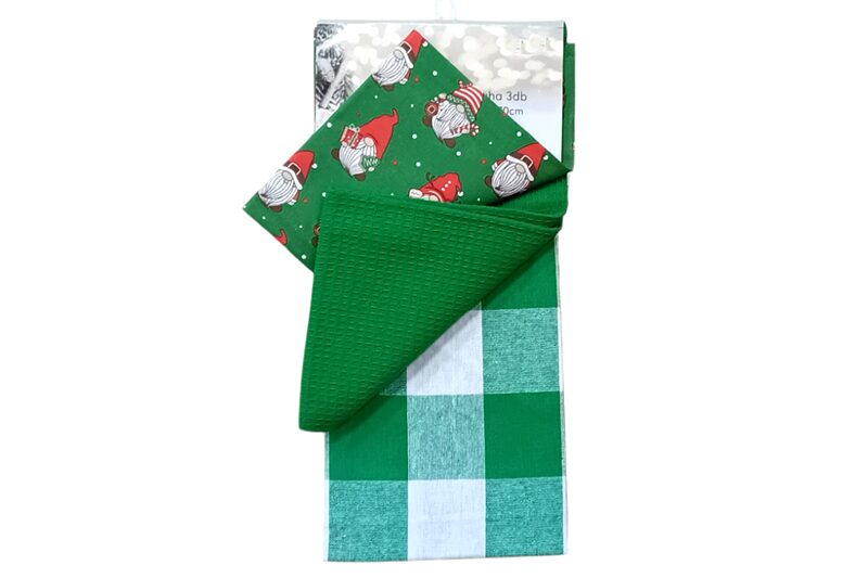 Konyharuha, 3 db (manós, zöld, zöld-fehér kockás), 45x70 cm