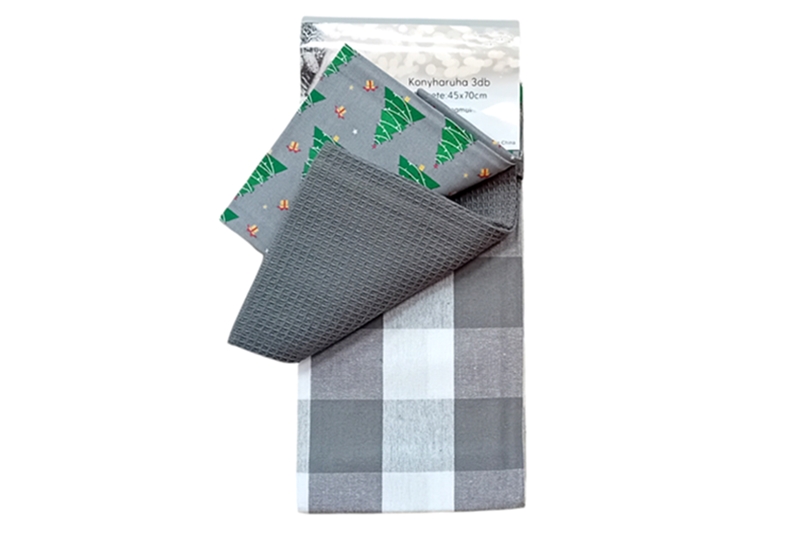 Konyharuha, 3 db (szürke alapon fenyőfás, szürke-fehér kockás), 45x70 cm