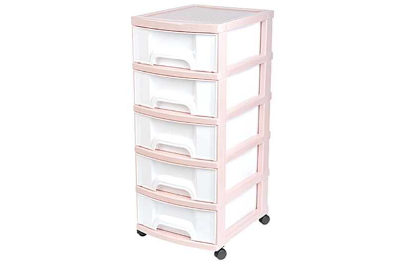 Multifunkciós tároló doboz, 5 emeletes, gurulós (rózsaszín-fehér), 74,5x32,5x41 cm