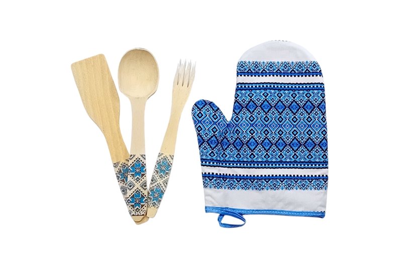 Edényfogó kesztyű 3 db fa konyhai eszközzel (kék-fehér, natúr)