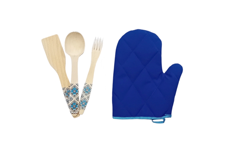 Edényfogó kesztyű 3 db fa konyhai eszközzel (kék-fehér, natúr) - Image 2
