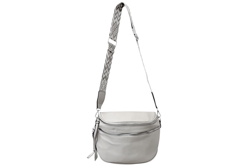 Félkör alakú oldaltáska mintás textil pánttal - szürke (29x10x19 cm)