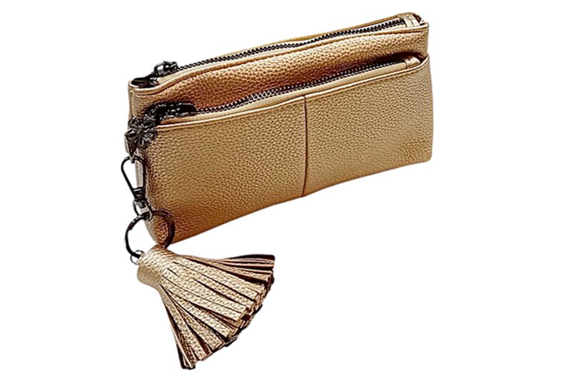 Női cipzáras pénztárca bojttal - arany, 19x3x10 cm (műbőr)