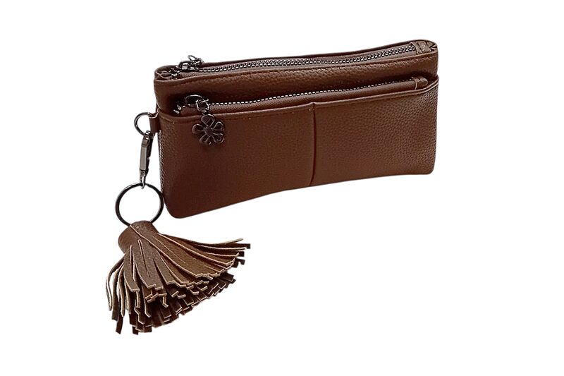 Női cipzáras pénztárca bojttal - kávébarna, 19x3x10 cm (műbőr)