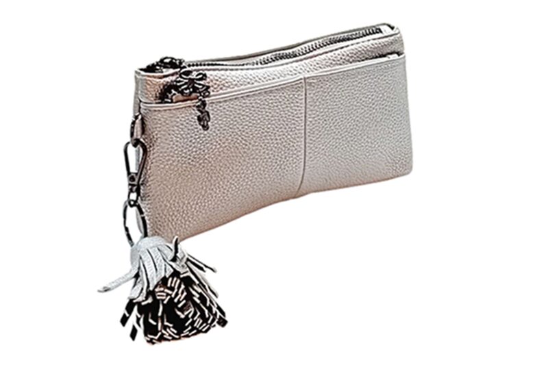 Női cipzáras pénztárca bojttal - ezüst, 19x3x10 cm (műbőr)