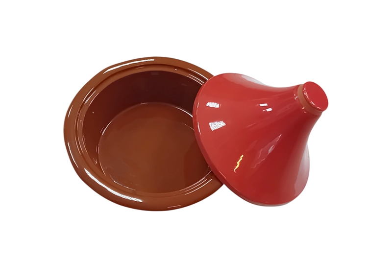 Mázas agyag tazsin edény - 31x31x27 cm, korall vörös/barna - 4 literes - Image 3