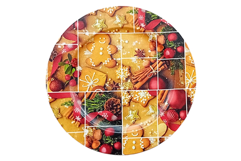 Műanyag lapos tálca karácsonyi mintával - 35 cm (arany, mézeskalácsos)