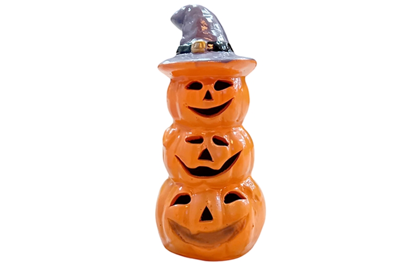 Faragott kerámia tök torony boszorkány sapkával - 41x18 cm (narancssárga-lila)