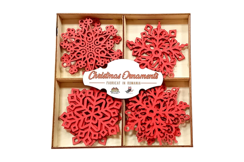Karácsonyfadísz - lézervágott fa hópelyhek, piros - 15 db (különböző)