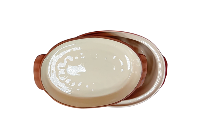 Mázas agyag római tál (húsos-egytálételes) - 4 literes, korall vörös/krémszínű - Image 3