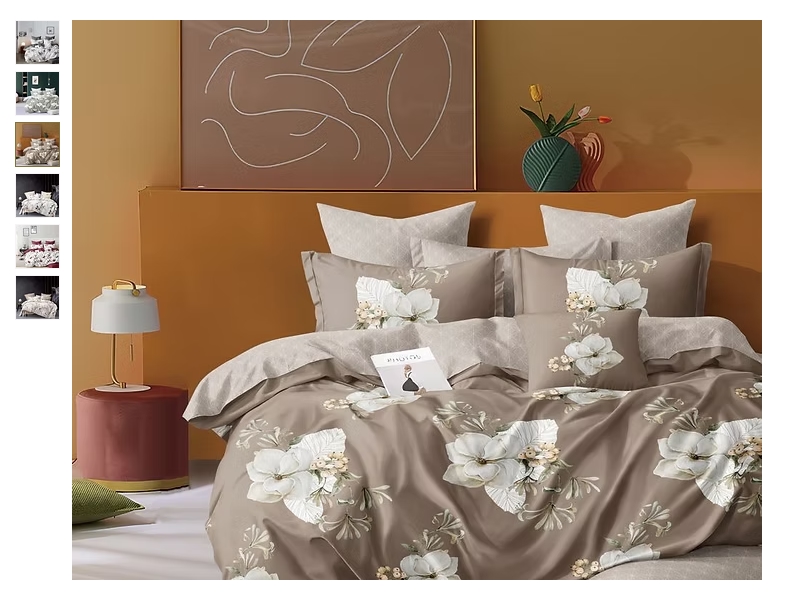 7 részes ágyneműhuzat garnitúra - barna alapon fehér virágok (kétoldalas mintával)