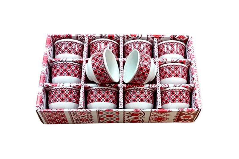 Szakés csésze készlet, porcelán, 12 db-os (fehér-piros-fekete)