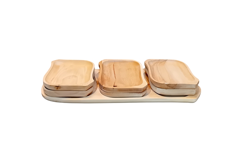 Fa tálaló készlet - 7 db-os (1 db 60x24x2,5 cm és 6 db 23x18x1,5 cm-es tál), natúr