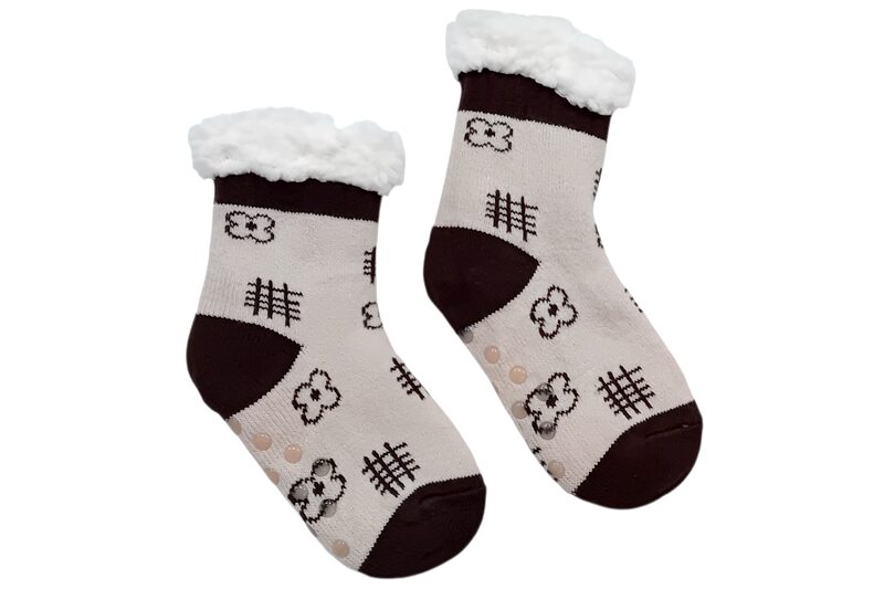 Gyerek szobazokni, bélelt, csúszásgátlós - 32-35 (bézs-barna, virágos)