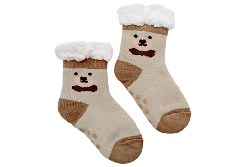 Gyerek szobazokni, bélelt, csúszásgátlós - 32-35 (bézs-barna, maci fejes)