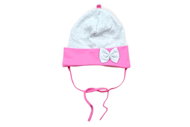 Bébi átmeneti sapka - kislány -, masnis, megkötős (szürke-rózsaszín)