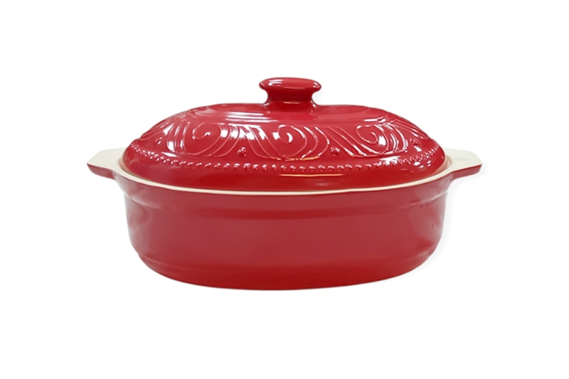 Mázas agyag római edény – 4 literes, piros (belül fehér), ovális